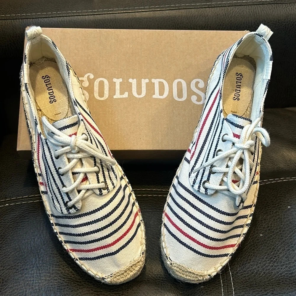 SOLUDOS Women’s Oxford Lace-Up Platform Red/White/Blue Canvas Size 11 NIB